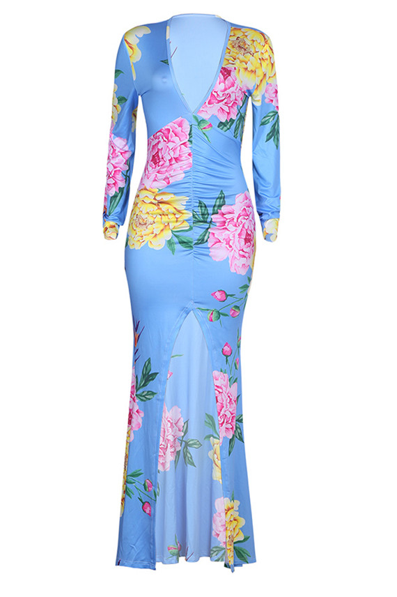 Fashion Sexy Printing Light Blue Long Sleeve Dress 1531