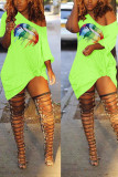 Green Fashion Sexy One Shoulder Short Sleeves One word collar Step Skirt skirt Print Patchwork