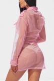Pink Fashion Casual Gauze Buckle Two-Piece Set