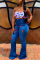 Blue Women's Butterfly Embroidery Hot Drilling Elastic Horn Jeans
