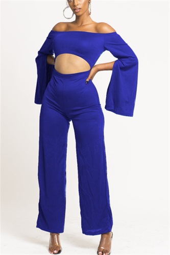 Blue Fashion Solid Color Long Sleeve Umbilical One-Shoulder Jumpsuit