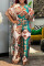 Brown Casual Print Patchwork V Neck Loose Jumpsuits