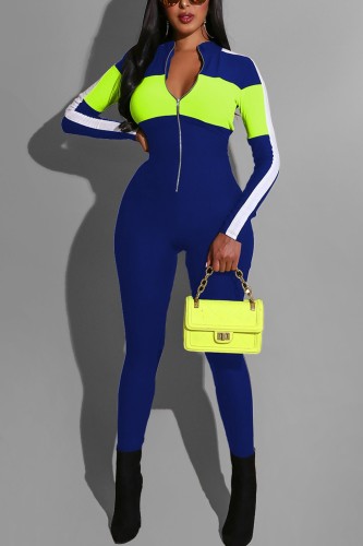 Blue Fashion Sports Long Sleeve Zipper Jumpsuit