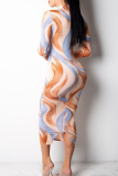 Multi-color Casual Mandarin Collar Mixed Printed Slim Mid Calf Dress
