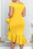 Yellow Sexy Formal Solid Patchwork Asymmetrical V Neck Evening Dress