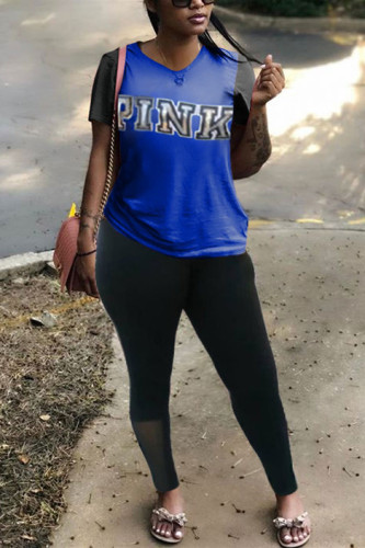 Royal blue Fashion Casual Printed T-shirt Trousers Set