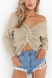 Grey Fashion Halter V-Neck Knotted Sweater
