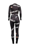 Black Casual Letters Printed Two-piece Pants Set