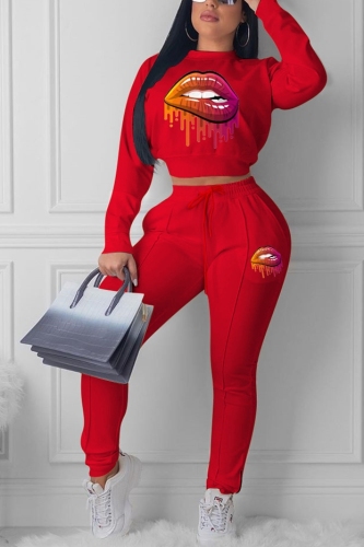 Red OL Two Piece Suits Print pencil Long Sleeve Two-piece Pants Set