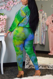 Green Sexy Two Piece Suits Print pencil Long Sleeve 