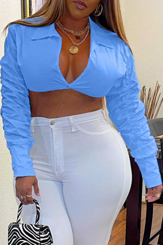 Light Blue Street Solid Patchwork Turndown Collar Tops