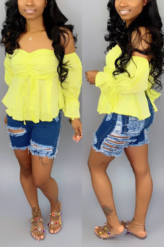 Blue Denim Button Fly Zipper Fly High washing Hole Zippered Pocket Straight shorts Shorts