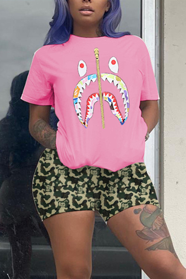 PinkBlack Fashion Casual Printed Short Sleeve Shorts Set