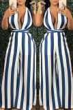 Blue Casual Striped Blending One-piece Jumpsuit