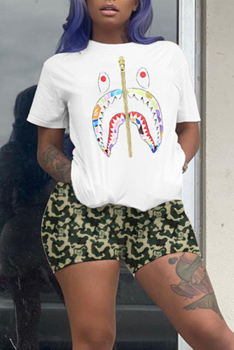 WhiteBlack Fashion Casual Printed Short Sleeve Shorts Set