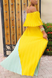 Yellow Sexy Fashion Off The Shoulder Short Sleeves One word collar Pleated Floor-Length split asy