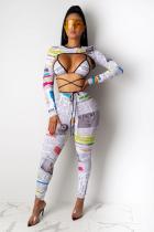 Multi-color adult Sexy Fashion Two Piece Suits HOLLOWED OUT Bandage Print Skinny Long Sleeve
