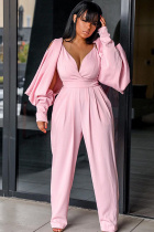 Pink Sexy Fashion Backless zipper Asymmetrical Long Sleeve V Neck Jumpsuits