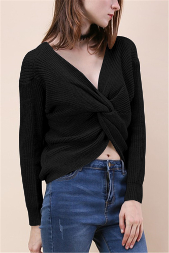 Black Fashion Halter V-Neck Knotted Sweater