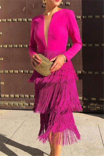 Rose Red Fashion Sexy Deep V Tassel Long Sleeve Dress