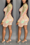 Pink Fashion Sexy Mesh Sequin perspective Long Sleeve O Neck 