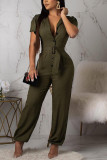 Army Green Fashion Sexy Solid bandage Patchwork Short Sleeve V Neck Jumpsuits