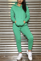 Green Fashion Sports Solid Color Hooded Long-Sleeved Two-Piece Suit