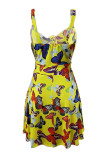 Yellow Fashion Sexy Tank Sleeveless V Neck A-Line Mini Print Patchwork Club Dresses