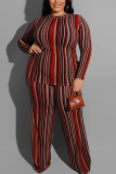 Wine Red Sexy O Neck Two Piece Suits Print Striped Stripe Plus Size Two Pieces