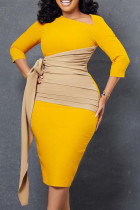 Yellow Casual Patchwork Frenulum Oblique Collar Pencil Skirt Dresses