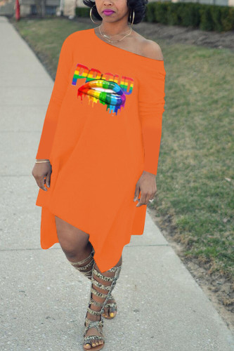 Orange adult Fashion Sexy One Shoulder Long Sleeves one shoulder collar Swagger Mid-Calf Print Ch