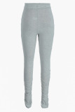 Grey Fashion Casual Solid Ripped Fold Skinny High Waist Trousers