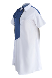 White Fashion Casual Plus Size Patchwork Contrast Zipper Collar Short Sleeve Dress
