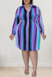 Tangerine Red Casual Striped Print Hollowed Out Patchwork Buckle Turndown Collar Shirt Dress Plus Size Dresses