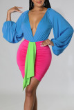 Blue Sexy Solid Patchwork V Neck Long Sleeve Two Pieces