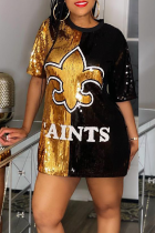 Black Gold Casual Print Patchwork O Neck Straight Dresses