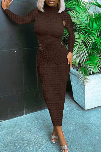 Brownness Sexy Casual Solid Hollowed Out Frenulum Turtleneck Long Sleeve Dresses