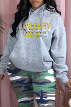 Grey Casual Letter Print Patchwork Hooded Collar Tops