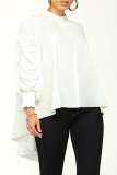 White Casual Daily Solid Fold Mandarin Collar Tops