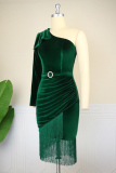 Ink Green Sexy Formal Solid Tassel Patchwork Backless Oblique Collar Long Sleeve Dresses