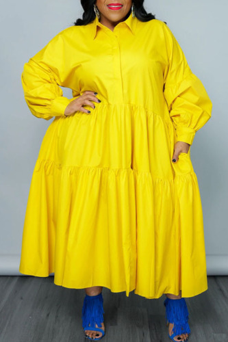 Yellow Casual Solid Patchwork Buttons Fold Turndown Collar Shirt Dress Plus Size Dresses