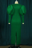 Ink Green Elegant Solid Patchwork Square Collar Evening Dress Dresses