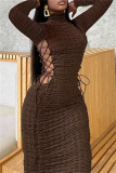 Brownness Sexy Casual Solid Hollowed Out Frenulum Turtleneck Long Sleeve Dresses