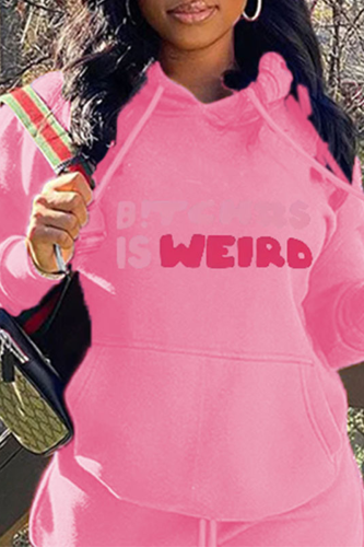 Pink Casual Print Patchwork Letter Hooded Collar Tops