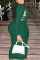 Green Sexy Casual Solid Hollowed Out Frenulum Turtleneck Long Sleeve Dresses