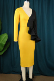 Yellow Casual Solid Patchwork Contrast V Neck Long Sleeve Dresses