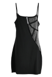 Black Fashion Sexy Plus Size Patchwork Hot Drilling See-through Backless Spaghetti Strap Sleeveless Dress