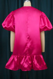 Rose Red Casual Solid Patchwork Flounce O Neck Straight Dresses