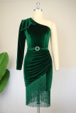 Ink Green Sexy Formal Solid Tassel Patchwork Backless Oblique Collar Long Sleeve Dresses