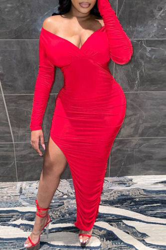 Red Formal Evening Party Side Slit V Neck Long Sleeve Pencil Skirt Bodycon Midi Dresses